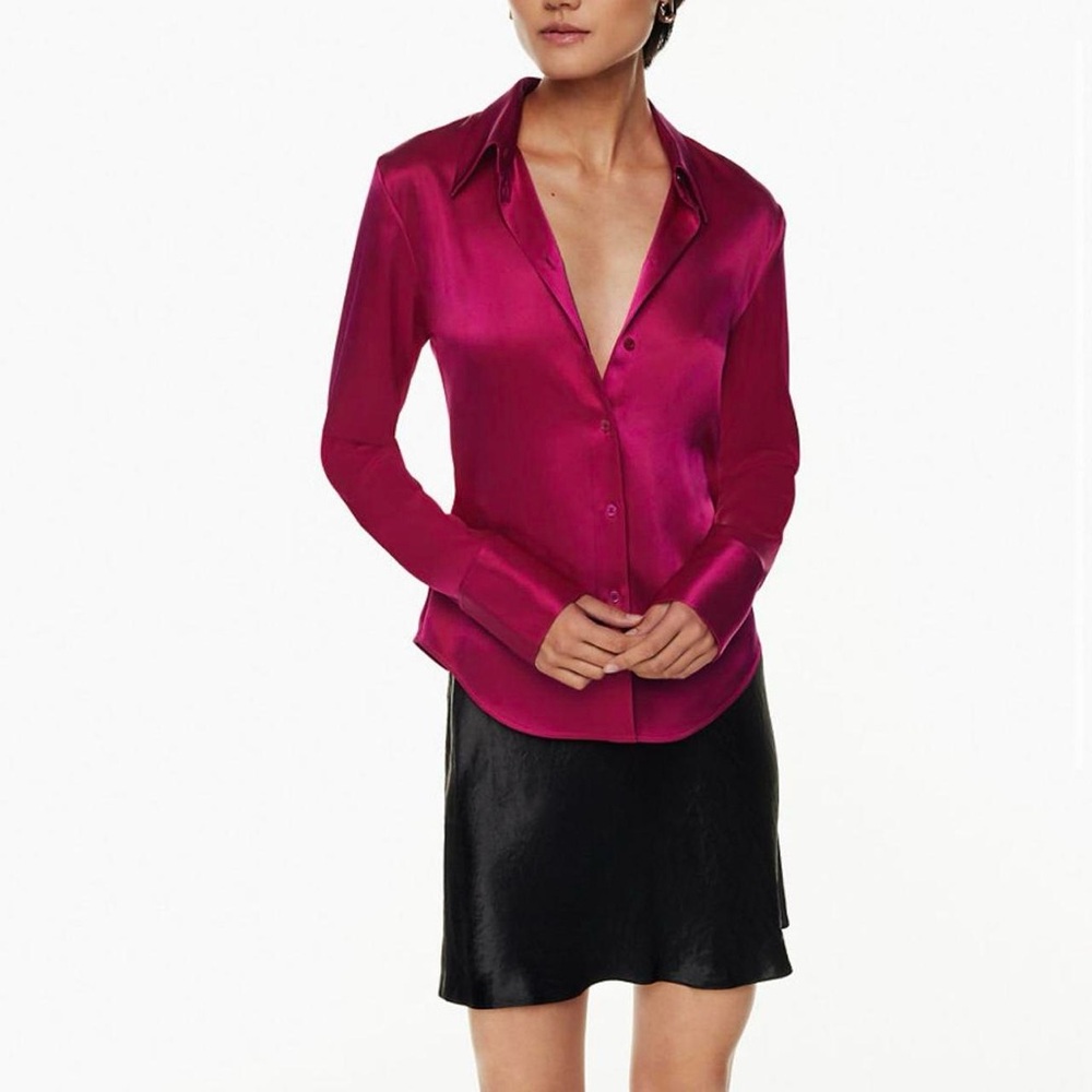 Aritzia Satin Long-Sleeve Blouse in Fuchsia